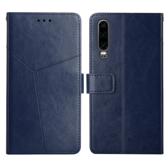 For Huawei P30 Y Stitching Horizontal Flip Leather Phone Case with Holder & Card Slots & Wallet & Photo Frame(Blue)