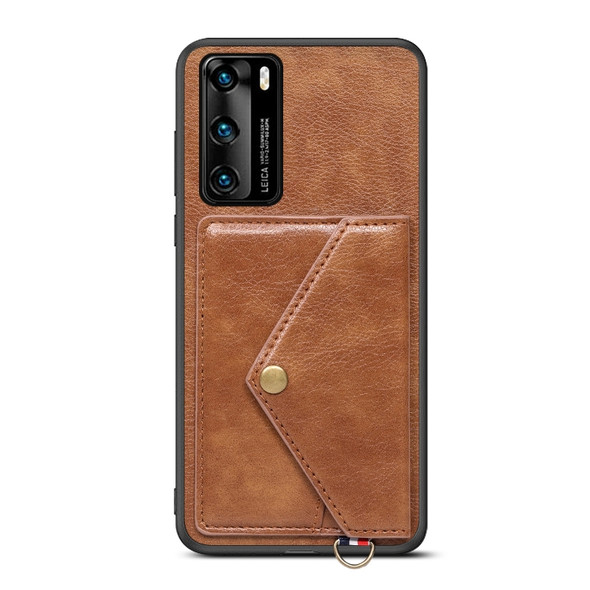 For Huawei P40 Litchi Texture Silicone + PC + PU Leather Back Cover Shockproof Case with Card Slot(Brown)