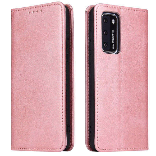 For Huawei P40 Calf Texture Magnetic Horizontal Flip Leather Case with Holder & Card Slots & Wallet(Rose Gold)