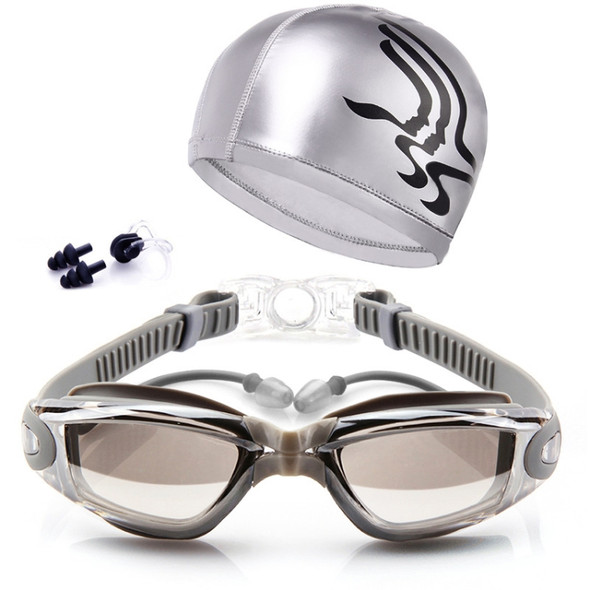 High-definition Waterproof Fogproof Swimming Goggles with Swimming Cap (Silver)