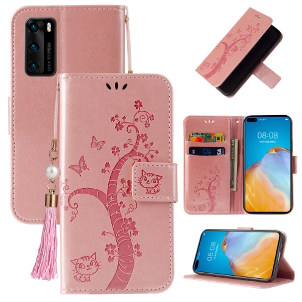 For Huawei P40 Embossed Lucky Tree Horizontal Flip Leather Case with Holder & Card Slot & Wallet & Lanyard(Rose Gold)