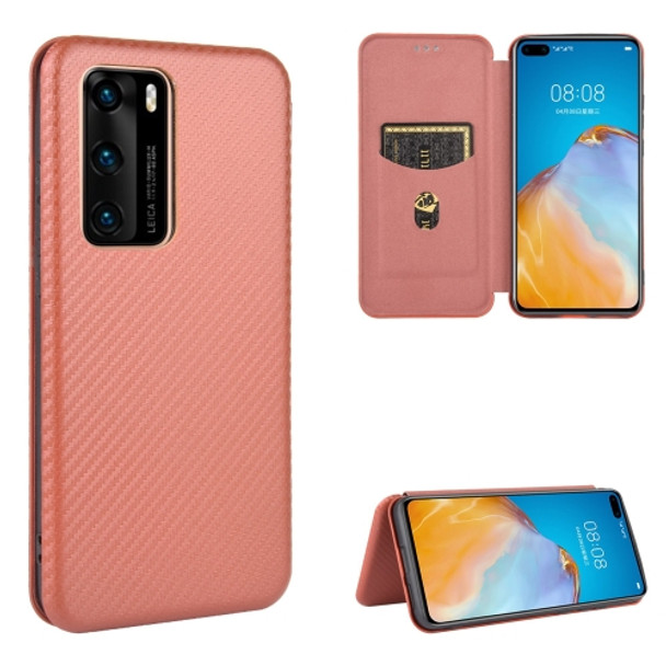 For Huawei P40 Carbon Fiber Texture Magnetic Horizontal Flip TPU + PC + PU Leather Case with Card Slot(Brown)