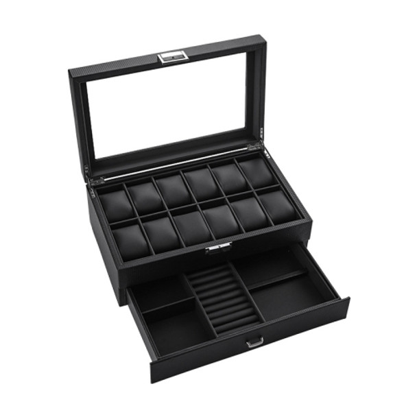 12-Bit Double Watch Box Carbon Fiber PU Leather Box Jewelry Box(Black)