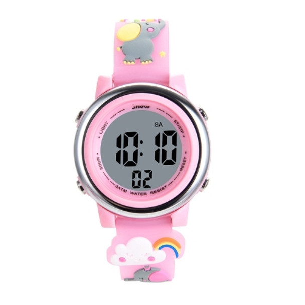 JNEW A380-86664 Children Cartoon 3D Happy Small Elephant Alarm Waterproof Sports LED Digital Watch(Pink)