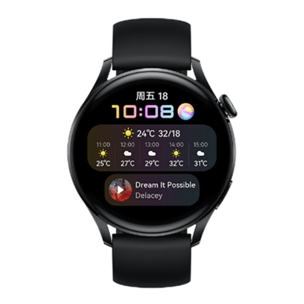 Original Huawei Watch 3 46mm GLL-AL00 1.43 inch AMOLED Color Screen Bluetooth 5.2 5ATM Waterproof, Support Sleep Monitoring / Body Temperature Monitoring / eSIM Independent Call / NFC Payment (Vitality Black Rubber Strap)