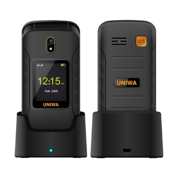 UNIWA V909T Flip Phone, 2.8 inch + 1.77 inch, UNISOC Tiger T107, Support Bluetooth, FM, Network: 4G, Dual SIM, SOS, with Charge Dock Base (Black)