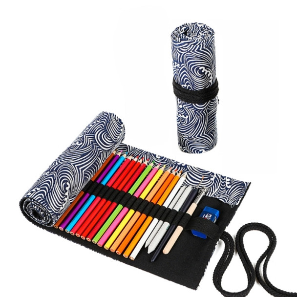 2 PCS 24 Holes  Small Waves Printed Canvas Pen Curtain Large Capacity Roller Pen Bag Sketch Color Pencil Stationery Box