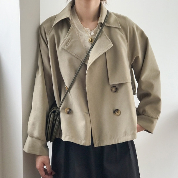 Ladies Retro Short Loose Windbreaker Jacket (Color:Khaki Size:M)