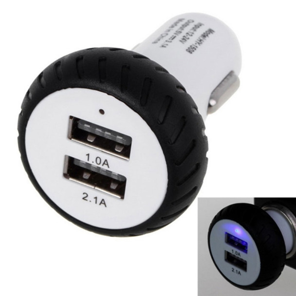 Mini Wheels Design 5V 1.0A+2.1A Double USB Universal Quick Car Charger for Phones / Tablets(White + Black )