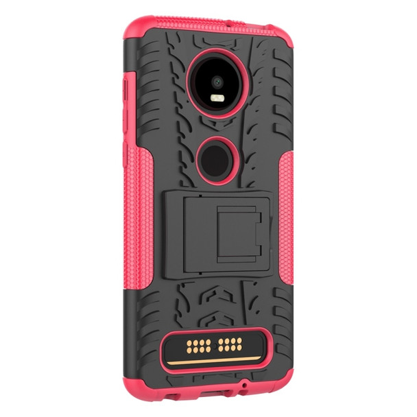 Tire Texture TPU+PC Shockproof Phone Case for Motorola Moto Z4 Play (with Fingerprint Hole), with Holder (Pink)
