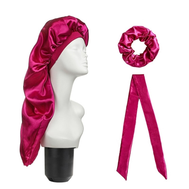 3 PCS/Set Hair Care Long Cap + Turban + Hair Ring(Rose Red)