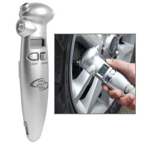 4 in 1 (Flashlight, Digital Tire Gauge, Emergency Hammer, Seat Belt Cut) Digital LCD Tire Pressure Gauge Utility Tool