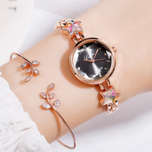 Lvpai P866 Diamond Five-Pointed Star Bracelet Watch Ladies Alloy Quartz Watches(Silver Black)
