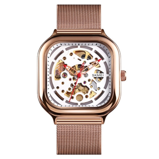 SKMEI 9184 Men Automatic Mechanical Watch Mesh with Hollow Square Tourbillon Student Watch (Rose Gold)