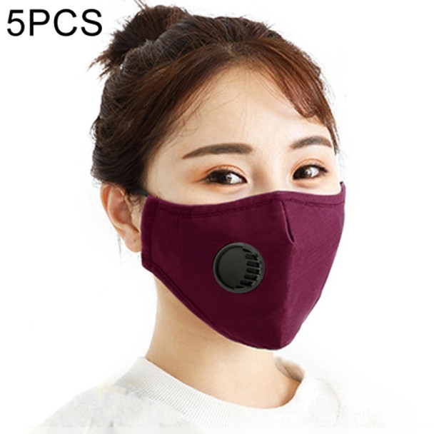 5 PCS for Men Women Washable Replaceable Filter Breath-Valve PM2.5 Dustproof Face Mask(Dark Red)