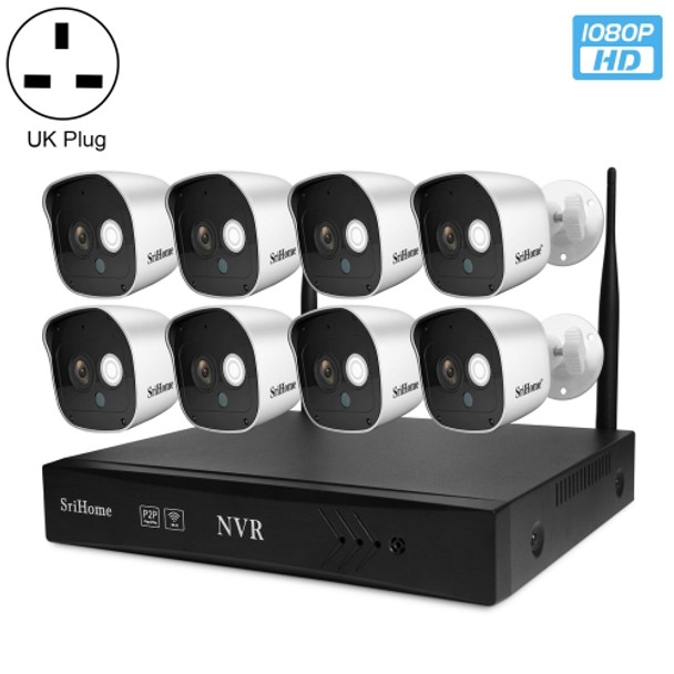 SriHome NVS002 1080P 8-Channel NVR Kit Wireless Security Camera System, Support Humanoid Detection / Motion Detection / Night Vision, UK Plug