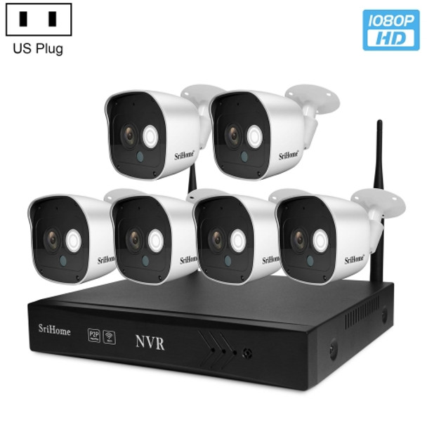 SriHome NVS002 1080P 6-Channel NVR Kit Wireless Security Camera System, Support Humanoid Detection / Motion Detection / Night Vision, US Plug