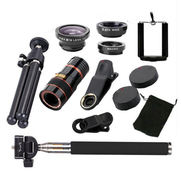 10 In 1 Telephoto Mobile Phone Universal Lens Wide Angle Macro Fisheye Selfie Stick Set, Specification: 12X (Black)