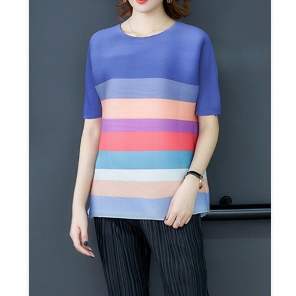 Rainbow Striped Pleated Short Sleeve Top (Color:Blue Size:One Size)