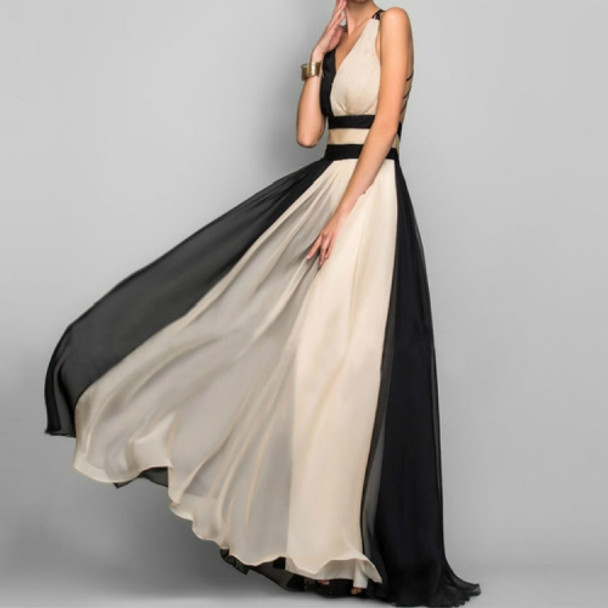 V-neck Sleeveless Color Stitching Slim Dress Long Evening Dress, Size:M(Black)