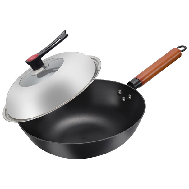 Uncoated Household Cast Iron Wok Suitable for Induction Cooker Gas Stove, Size:32cm Earless(Single Pot+Stand Lid)
