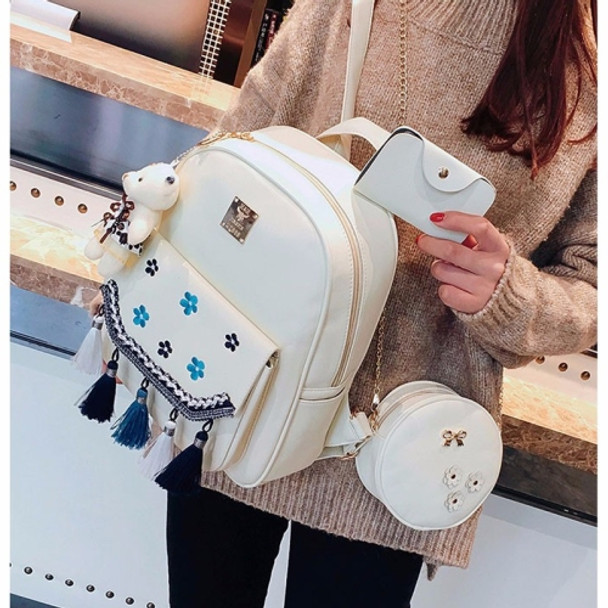 3 in 1 Plum Embroidery Tassels PU Leather Double Shoulders School Bag Travel Backpack Bag with Bear Doll Pendant (White)