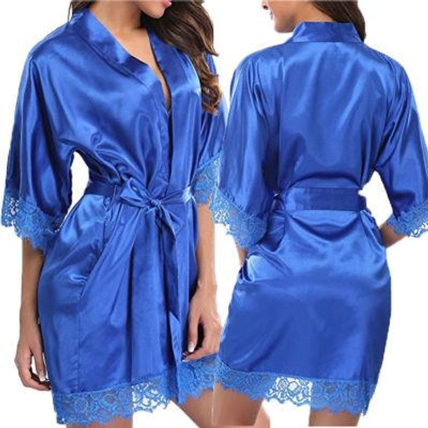 Half Sleeve Robe Women Faux Silk Pajama Sexy Night Dress, Size:XXL(Blue)