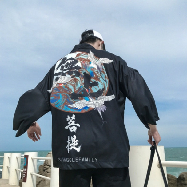 Men Thin Section Three-quarter Sleeve Kimono Sun Protection Clothing Loose Cardigan Coat, Size:XXL(Black)