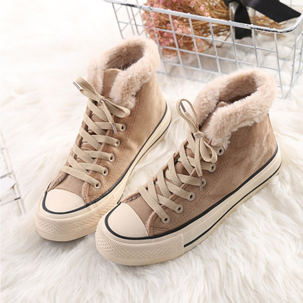 Solid Color Plus Velvet High-Top Canvas Cotton Shoes, Shoe Size:37(Khaki)