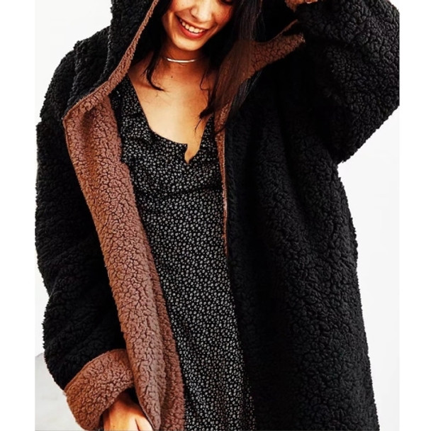 Double-Faced Plush Two-Piece Long Hooded Jacket (Color:Black Size:L)