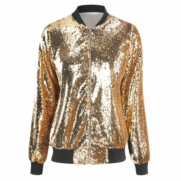 Ladies Loose Sequin Baseball Jacket (Color:Gold Size:M)