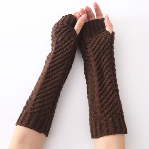 Knitted Wool Fishbone Texture Warm Cuffs Fingerless Arm Sleeves(Brown)