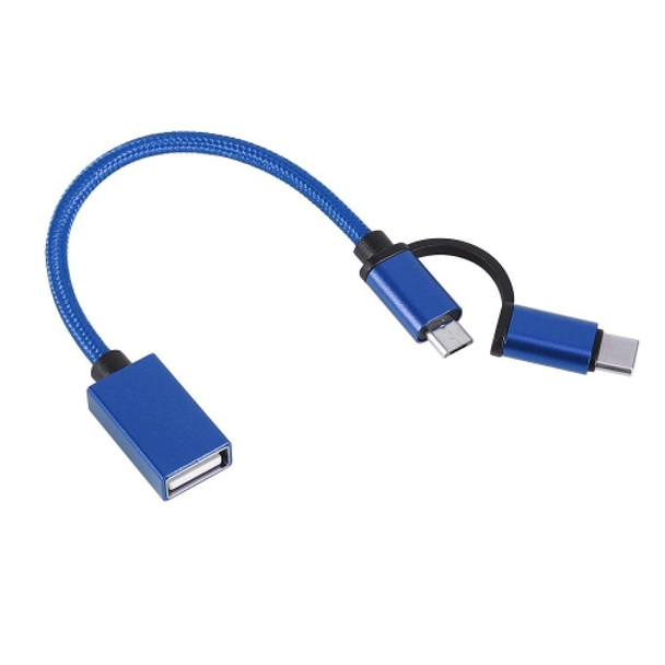 USB 3.0 Female to Micro USB + USB-C / Type-C Male Charging + Transmission OTG Nylon Braided Adapter Cable, Cable Length: 19cm(Blue)