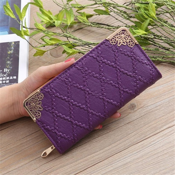 Embossed Lingge Long Wallet Retro Pattern Multi-Card Clutch Bag(Purple)