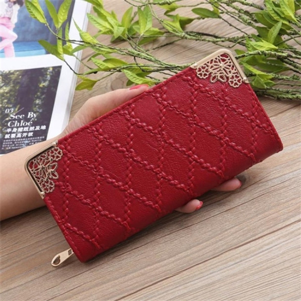 Embossed Lingge Long Wallet Retro Pattern Multi-Card Clutch Bag(Wine Red)