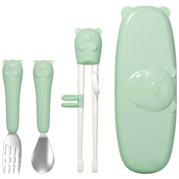 Household Baby Eating Training Chopsticks Spoon Fork Exercise Suit Kids Tableware(Green )