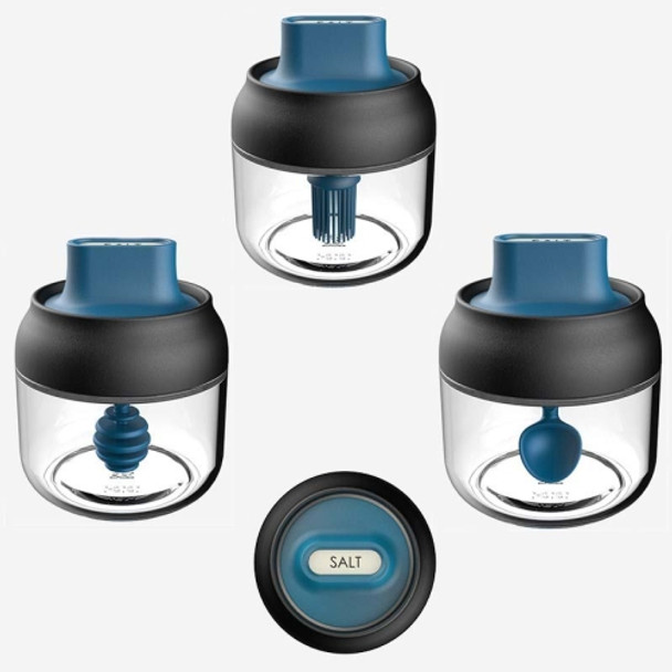 3 in 1 280ml Glass Seasoning Jar With Label & Moisture-Proof Lid & Spoon(Blue Black)