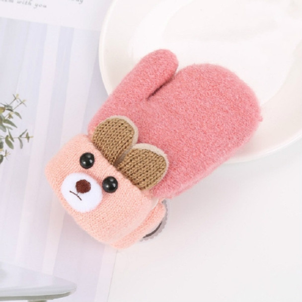 Cartoon Bear Shape Knitted Wool Double Layer Plus Velvet Thick Warm Children Gloves Mittens, Suitable Age:0-3 Years Old(Dark Pink)