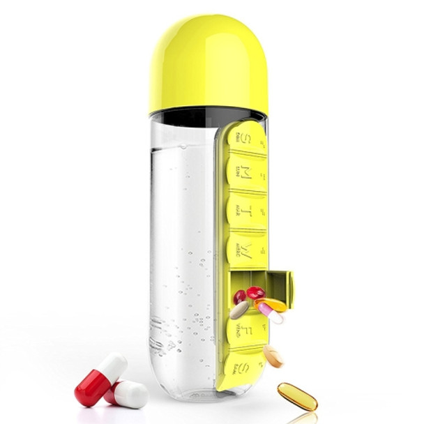 600ML Plastic Water Bottle with Daily Pill Box Organizer Drinking Bottles(Yellow)