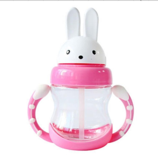 Cute Rabbit Baby Feeding Cup With Straw Children Learn Feeding Drinking Bottle With Handle Kids Water Bottles Training Cup(Pink)