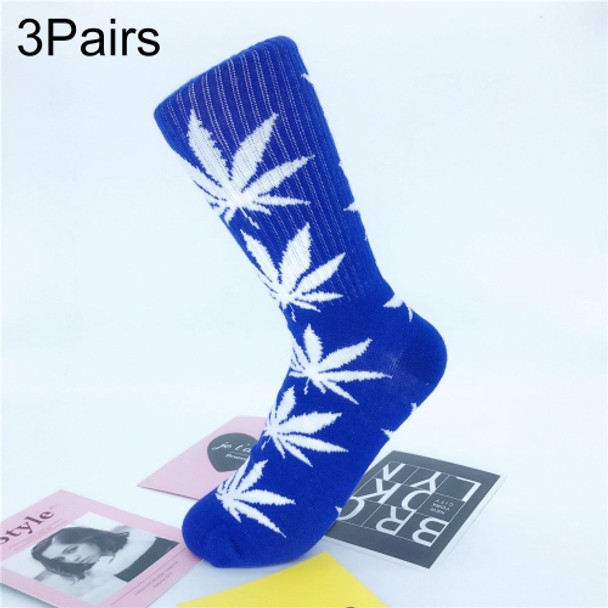 3 Pairs High Tube Hemp Leaves Female Men Trend Wild Maple Leaf Students Cotton European and American Style Socks(Blue and White)