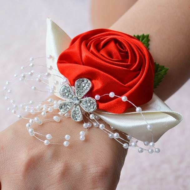 Handmade Wedding Bride Wrist Flower Boutonniere Bouquet Corsage Diamond Satin Rose Flowers(Red)