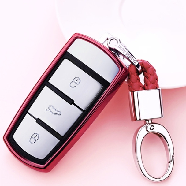 Electroplating TPU Single-shell Car Key Case with Key Ring for Volkswagen Magotan CC (Red)