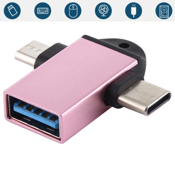 USB 3.0 Female to USB-C / Type-C Male + Micro USB Male Multi-function OTG Adapter with Sling Hole (Rose Gold)