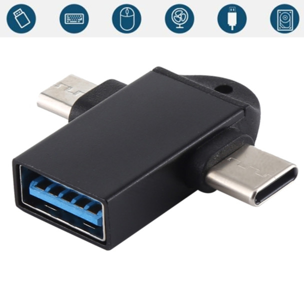USB 3.0 Female to USB-C / Type-C Male + Micro USB Male Multi-function OTG Adapter with Sling Hole (Black)