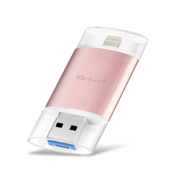 Richwell 3 in 1 32G Type-C + 8 Pin + USB 3.0 Metal Double Cover Push-pull Flash Disk with OTG Function(Rose Gold)