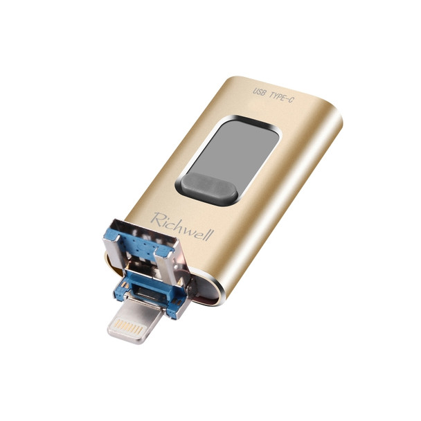 Richwell 3 in 1 64G Type-C + 8 Pin + USB 3.0 Metal Push-pull Flash Disk with OTG Function(Gold)