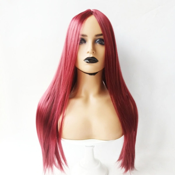 Centre-parted Long Straight Wig Headgear for Women(Wine Red)
