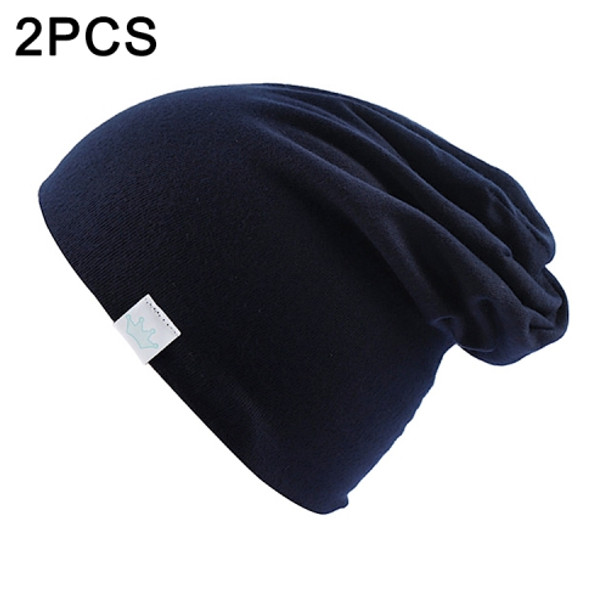 2 PCS Cute Solid Knitted Cotton Hat Beanies Autumn Winter Warm Earmuff Colorful Crown Caps For Newborn Baby Children(Tibet Navy)