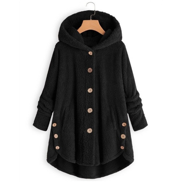 Button Plush Irregular Solid Color Coat (Color:Black Size:XXXL)